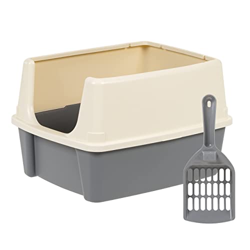 Amazon Basics Large Cat Litter Box with High Sides, Open Top, Includes Scoop, 19 x 15 x 11.75 inches, Grey/Beige