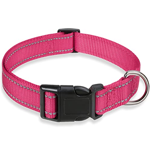 Reflective Dog Collar with Buckle Adjustable Safety Nylon Collars for Small Medium Large Dogs, Pink S