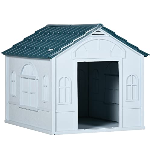 PawHut Plastic Dog House Outdoor Indoor, Weather-Resistant Dog Kennel, with Large Opening, for Medium Dogs, 65 x 75.7 x 63cm - White and Blue