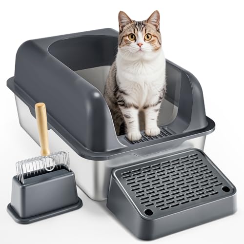 VEVOR Stainless Steel Cat Litter Box with Lid, XL Extra Large Enclosed Cat Litter Box for Big Cats, High Sides Metal Litter Box, Anti Leakage,Odor-Free & Easy Cleaning,Include Scoop & Foot Board