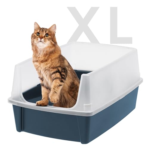 IRIS USA Extra Large Cat Litter Box, Open Top Litter Box for Big Cats and Multi-Cat Households, High Sided Scatter Shield, Easy to Clean, Navy