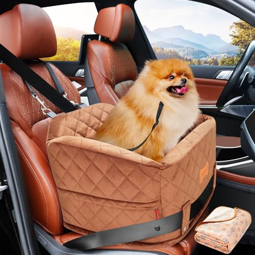 koneboss Detachable Washable Dog Booster Car Seat for Small Dogs Under 35 lbs with Memory Foam, Seat Belt, Storage Pocket, and Blanket