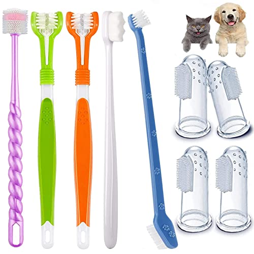 AZOFFYIU Dog Toothbrush Set, Triple Head Dog Toothbrushes, Double Head Toothbrush,Finger Rubber Toothbrushes,Multi-Angle Dental Cleaning Brushes for Dog Cat Oral Dental Health