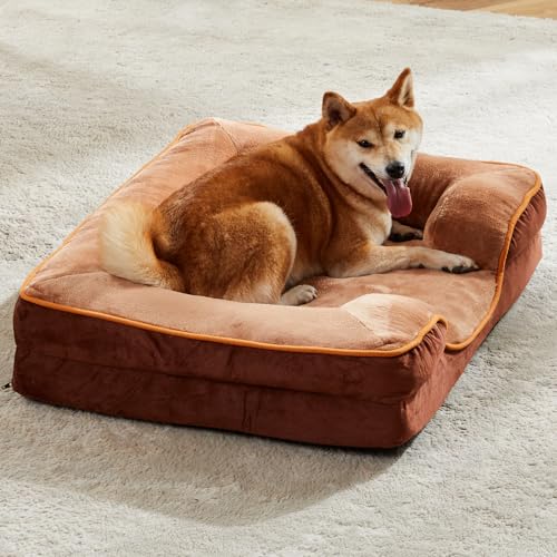 Sweetcrispy Orthopedic Dog Bed, Memory Foam Pet Bed for Medium Dogs with Washable Removable Cover Non-Slip Base Waterproof Liner Egg Crate Foam for Improved Sleep, Brown, 28