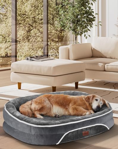 OhGeni Orthopedic Dog Bed for Large Dogs, Dog Couch Design with Egg Foam Support, Removable, Machine Washable Plush Cover and Non-Slip Bottom with Four Sided Bolster Cushion (Gray)