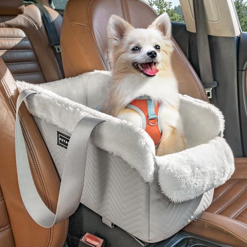 PETSFIT Small Dog Car Seat, Portable Dog Seat for Car with Safe Protective Hooks, Luxury Dog Console Car Seat, Dog Car Carrier Includes Safety Tether for Pets Up to 12 lbs (Grey)